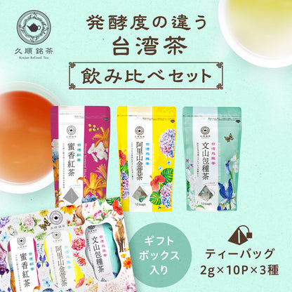【ギフトボックス入り】発酵度の違う台湾茶飲み比べプチギフトセット（久順銘茶セレクト 文山包種茶・阿里山金萱茶・蜜香紅茶 リーフティーバッグセット）