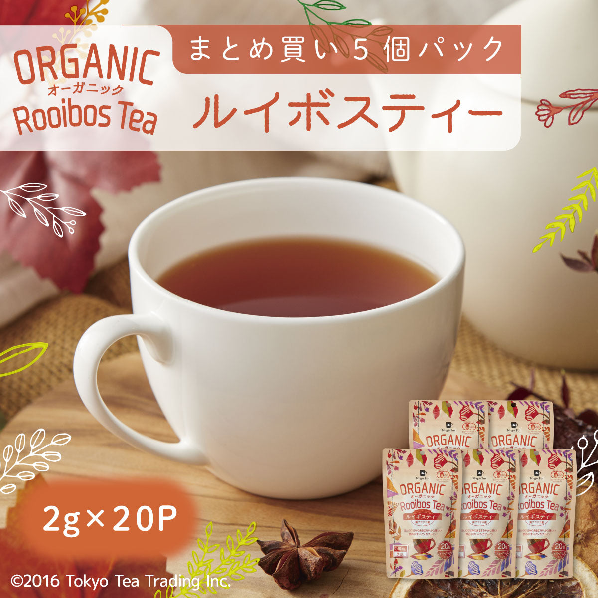 ★送料無料★ ORGANIC オーガニック ノンカフェイン ルイボスティー 5個セット100包（ティーバッグ 2g×20包×5個）